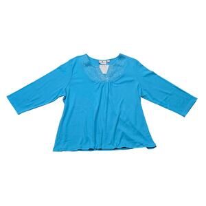 Quacker Factory Blue V Neck Rhinestone Accent 3/4 Sleeve Knit Shirt